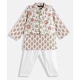 READIPRINT Full Sleeves Floral Motif Printed Kurta With Floral Printed Nehru Jacket And Pyjama - Cream