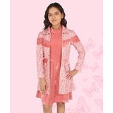 Cutecumber Full Sleeves Seamless Vintage Roses & Leaf Printed Suede Jacket With Solid Chenille Fit & Flare Dress - Peach