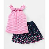 Babyhug 100% Cotton Knit Sleeveless Striped Top and Floral Printed Skirt with Bow Applique - Pink & Navy Blue