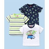 Babyhug Cotton Knit Half Sleeves  Striped & Palm Tree Printed T-Shirts Pack of 3 - Blue & Grey