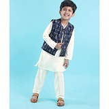 Babyhug Full Sleeves Dobby Solid Kurta and Pyjama Set with Printed Jacket - Cream