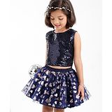 Babyhug Sleeveless Sequin Top and Heart Foil Printed Skirt - Navy Blue