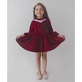 Fairies Forever Full Sleeves Pearls Embellished  Velvet Party Dress - Maroon