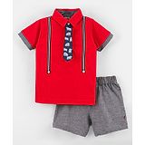 Little Kangaroos Half Sleeves Printed T-Shirt with Attached Tie & Shorts Set - Red & Grey