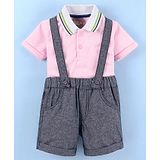 Little Kangaroos Cotton Half Sleeves T-Shirt & Shorts With Suspenders Solid- Pink & Grey