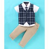 Little Kangaroos Half Sleeves Checkered Party Suit With Tie - Navy Blue