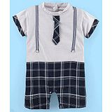 Little Kangaroos Cotton Half Sleeves Check Rompers - Navy Blue