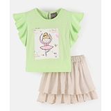 Little Kangaroos Frill Sleeves Top and Skirt Set Ballerina Print - Lime Green & Brown