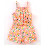 Babyhug 100% Cotton Knitted Sleeveless Jumpsuit with Bow Applique and Pineapple Print - Neon Orange