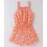 Babyhug 100% Cotton Knitted Sleeveless Jumpsuit with Bow Applique and Pineapple Print - Neon Orange