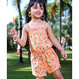 Babyhug 100% Cotton Knitted Sleeveless Jumpsuit with Bow Applique and Pineapple Print - Neon Orange