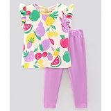 Bonfino 100% Cotton Sleeveless Top and Leggings Set Fruits Print - Off White & Purple