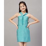 Stylo Bug Sleeveless Front Frill Detailed And Back Smocked Solid Party Wear Dress - Blue