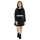 Cutecumber Full Sleeves Checked Jacket & Sleeveless Solid Dress With Belt - Navy Blue