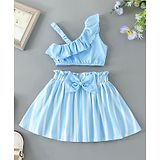 Kookie Kids One Shoulder Sleeeves Solid Color Top and Skirt Set - Blue