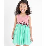 Babyhug Woven Sleeveless Textured Party Dress with Lace Yoke - Mint & Pink