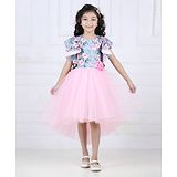 Toy Balloon Kids Half Flutter Sleeves Floral Printed Applique High Low Pattern Party Wear Dress - Pink