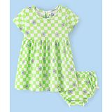 Doodle Poodle 100% Cotton Short Sleeves Checked Frock With Bloomer Floral Print- Green