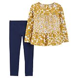 Carters Carter's Cotton Full Sleeves Floral Printed Top & Leggings Set - Mustard & Navy Blue