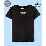 Tommy Hilfiger Organic Cotton Half Sleeves Text Printed Slim Fit T-Shirt  - Black