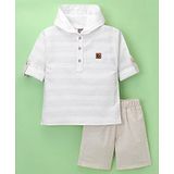 Little Kangaroos Half Sleeves Hooded Striped Shirt and Shorts - White