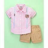 Little Kangaroos Half Sleeves Striped Shirt with Teddy Patch and Twill Shorts - Pink