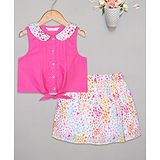 Budding Bees Sleeveless Plated Top Front Tie Up Top With Seamless Flower Printed Skirt - Pink