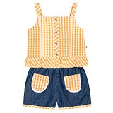 Budding Bees Sleeveless Lace Embellished & Gingham Checked Top With Coordinating Shorts - Yellow