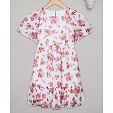 Budding Bees Half Flutter Sleeves  Floral Printed A Line Dress - White