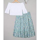 Budding Bees Off Shoulder Sleeves Smocked Crop Top & Floral Printed Skirt Set - White