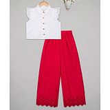 Budding Bees Cap Frill Sleeves Schiffli Top &  Palazzo Set - White & Red