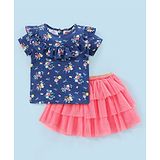 Babyhug 100% Cotton Knit Half Sleeves Top and Skirt Floral Print - Navy Blue & Pink