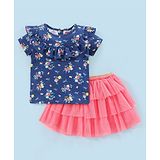 Babyhug 100% Cotton Knit Half Sleeves Top and Skirt Floral Print - Navy Blue & Pink