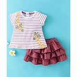 Toffyhouse Cotton Half Sleeves Striped Tops And Corduroy Skirts Giraffe Patch - White & Magenta