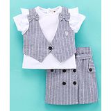 ToffyHouse Half Sleeves Solid Color Top with Striped Waistcoat and Corduroy Skirt - White & Grey