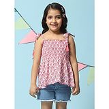 BIBA Sleeveless Floral Motif Printed Smocked Top -  Pink & Off White