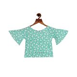 Tiny Girl Three Fourth Bell Sleeves Seamless Lemon Slice & Leaf Printed & Bead Embellished Top - Sea Green