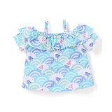 Babyhug 100% Cotton Knit Off Shoulder Sleeves Top With Frill Detailing Sea Waves Print- White & Blue