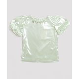 Tiny Girl Half Puffed Sleeves Metallic Shine With Tiny Dots Self Design Party Top - Light Green