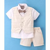 Little Kangaroos Half Sleeves Shirts & Shorts Set with Striped Waistcoat & Bow - Beige