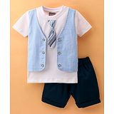 Little Kangaroos Half Sleeves T-Shirt & Shorts Set With Tie - Sky Blue