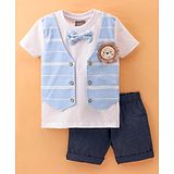 Little Kangaroos Half Sleeves T-Shirt & Shorts Set With Lion Applique - Blue & White