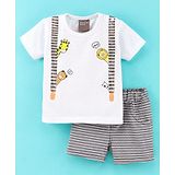 Little Kangaroos Cotton Half Sleeves T-Shirt & Striped Shorts Set Bear & Lion Print- White & Black