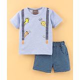 Little Kangaroos Cotton Half Sleeves T-Shirt & Striped Shorts Set Bear & Lion Print- Blue