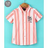 Ruff Twill Woven Half Sleeves Striped Slim Fit Shirt Leaf Print - Peach