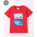 Ruff Sinker Knit Half Sleeves Slim Fit T-Shirt Text Print- Red