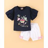 Little Kangaroos 100% Cotton Flutter Sleeves Summer Printed Top & Shorts Set with Bow Applique - Navy & White