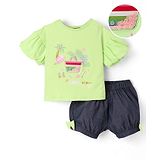 Little Kangaroos 100% Cotton Half Sleeves Summer Printed Top and Shorts - Green