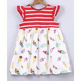 Beebay Cap Frill Sleeves Bengal Striped & Ice Cream Printed Gathered Dress - Multi Colour