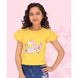 Cutecumber Frilled Sleeves Unicorn Printed Top - Yellow